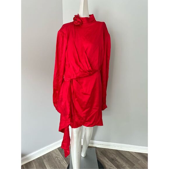 NWT Ronny Kobo Rocky Satin Silk-Blend Long Sleeve Draped Mini Dress Red XL $598 - Picture 6 of 11
